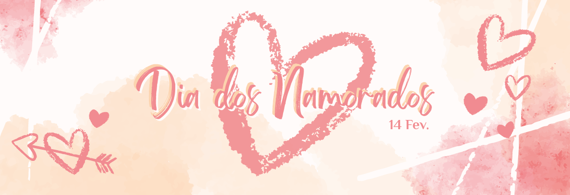 Fundo rosa em aguarela com corações e setas para a categoria do Dia dos Namorados a 14 de Fevereiro.